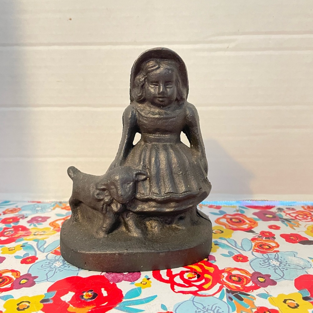 Vintage Girl w/Lamb Mary had a Little Lamb Cast Iron Coin Piggy Bank Doorstop